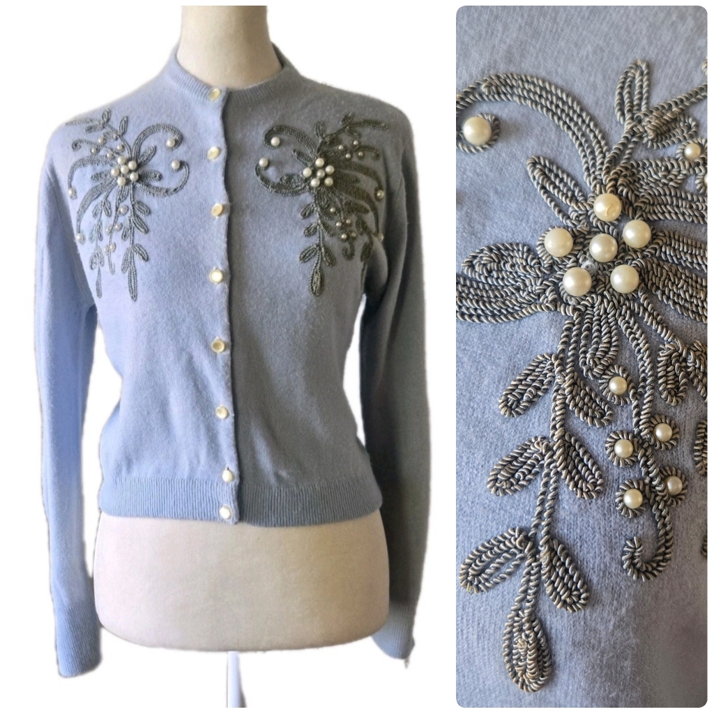 June Special Vtg 50s 60s Pearl Embellished Cardigan Sweater, Embroidered, S/M